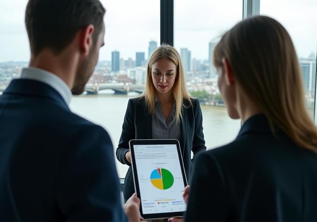 Professional financial advisor discussing asset allocation with client