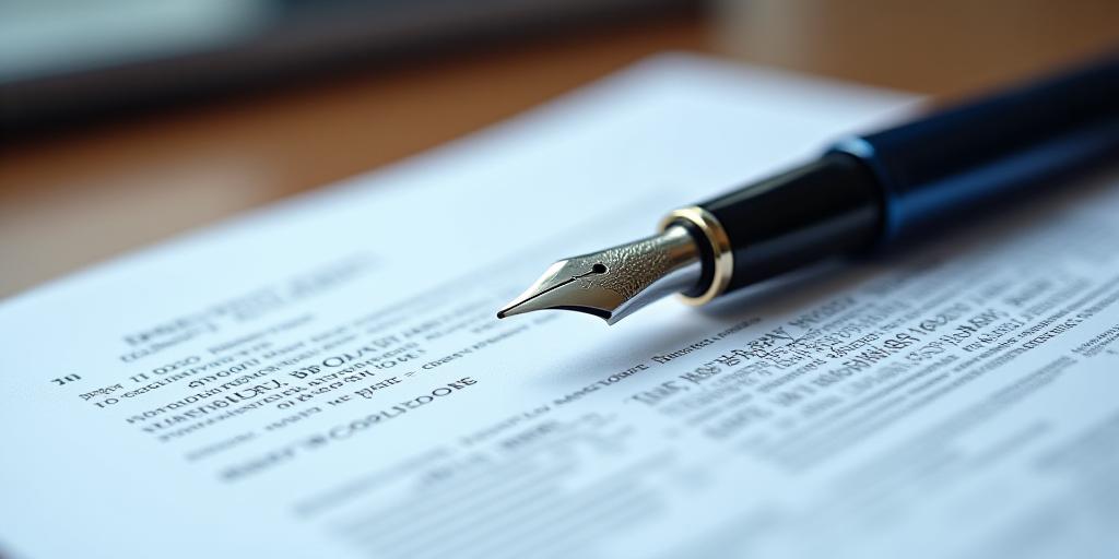Legal documents and a fountain pen on a professional desk surface